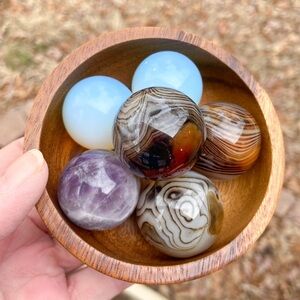 6 Crystal Spheres of Opalite, Silky Agate & Amethyst. Polished Crystal Stones